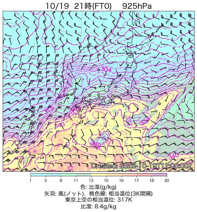 2025年10月19日の日本周辺の925hPa天気図（21時）