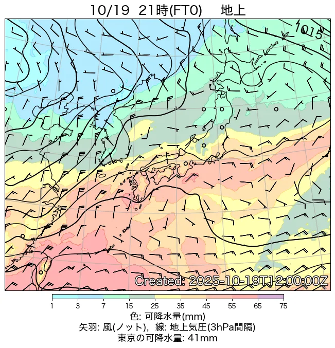 2025年10月19日の日本周辺の地上天気図（21時）