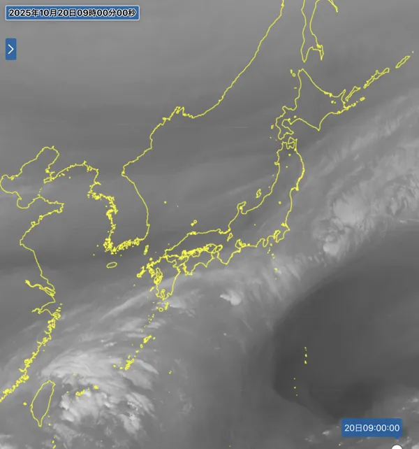 2025年10月20日9時の日本周辺の衛星水蒸気画像