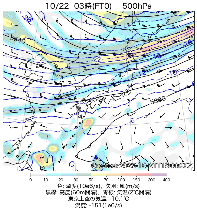 2025年10月22日の日本周辺の500hPa天気図（3時）