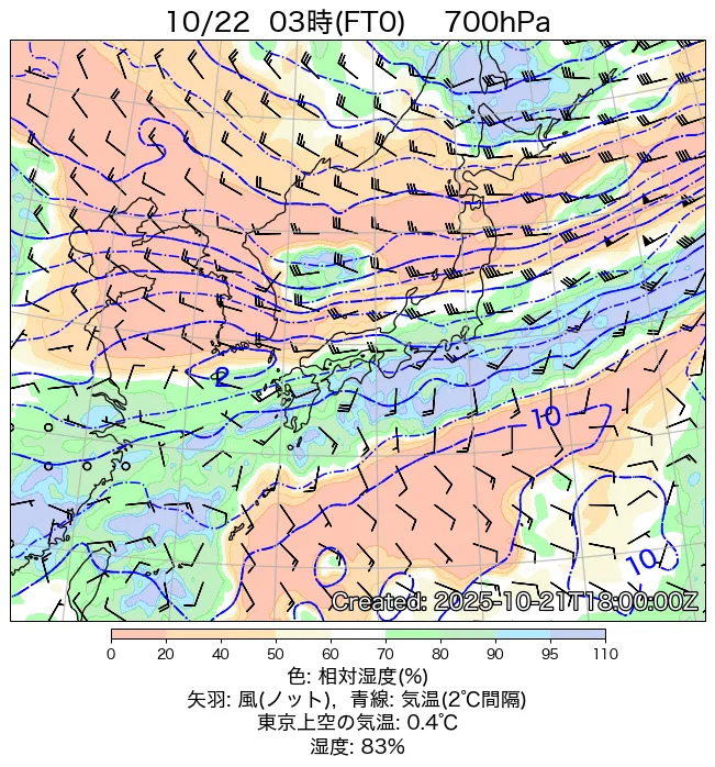 2025年10月22日の日本周辺の700hPa天気図（3時）
