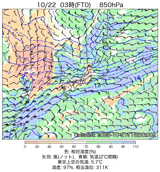 2025年10月22日の日本周辺の850hPa天気図（3時）