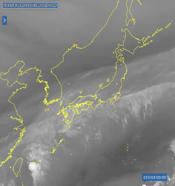 2025年10月22日3時の日本周辺の衛星水蒸気画像