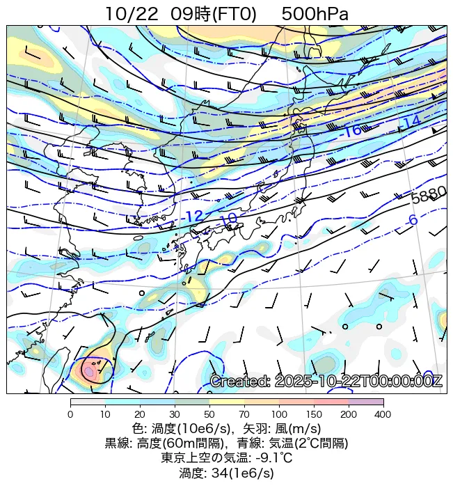 2025年10月22日の日本周辺の500hPa天気図（9時）
