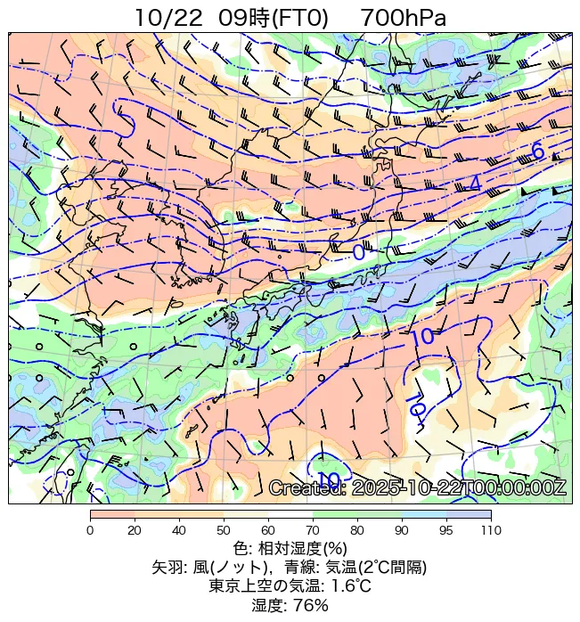 2025年10月22日の日本周辺の700hPa天気図（9時）
