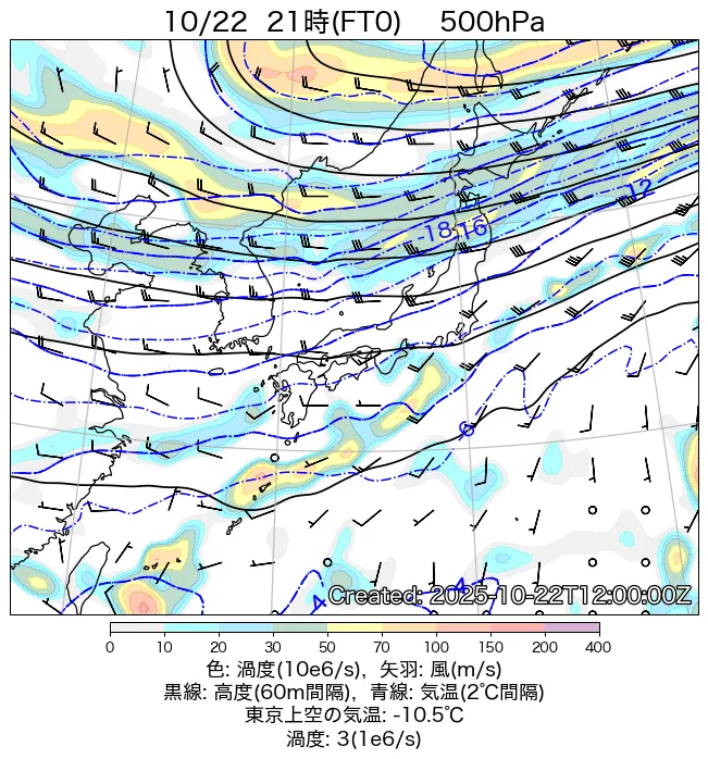 2025年10月22日の日本周辺の500hPa天気図（21時）