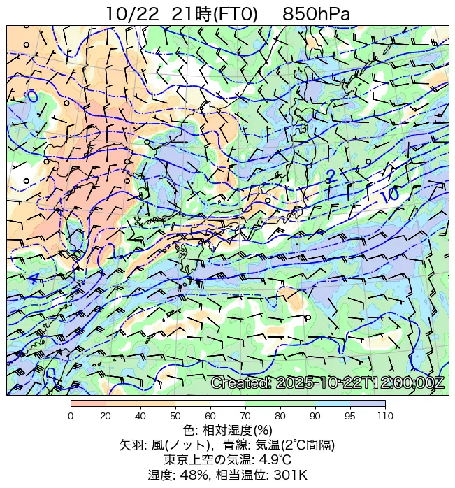 2025年10月22日の日本周辺の850hPa天気図（21時）
