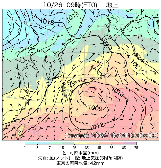 2025年10月26日の日本周辺の地上天気図（9時）