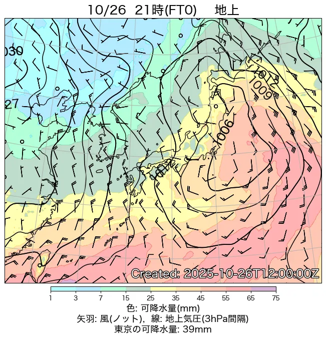 2025年10月26日の日本周辺の地上天気図（21時）