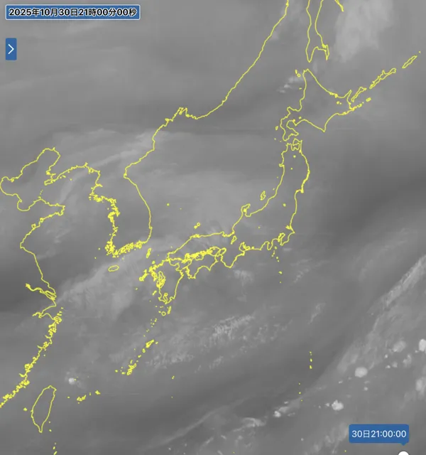2025年10月30日の日本周辺の衛星水蒸気画像（21時）
