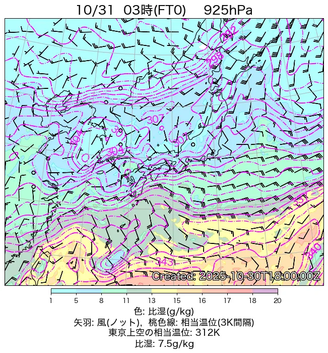 2025年10月31日の日本周辺の925hPa天気図（3時）