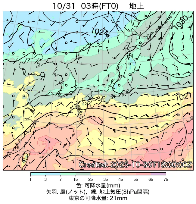 2025年10月31日の日本周辺の地上天気図（3時）