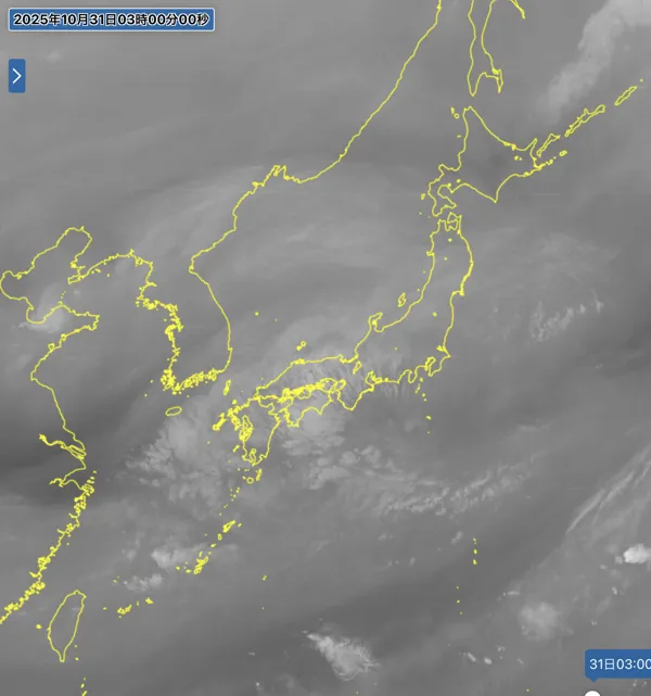2025年10月31日3時の日本周辺の衛星水蒸気画像