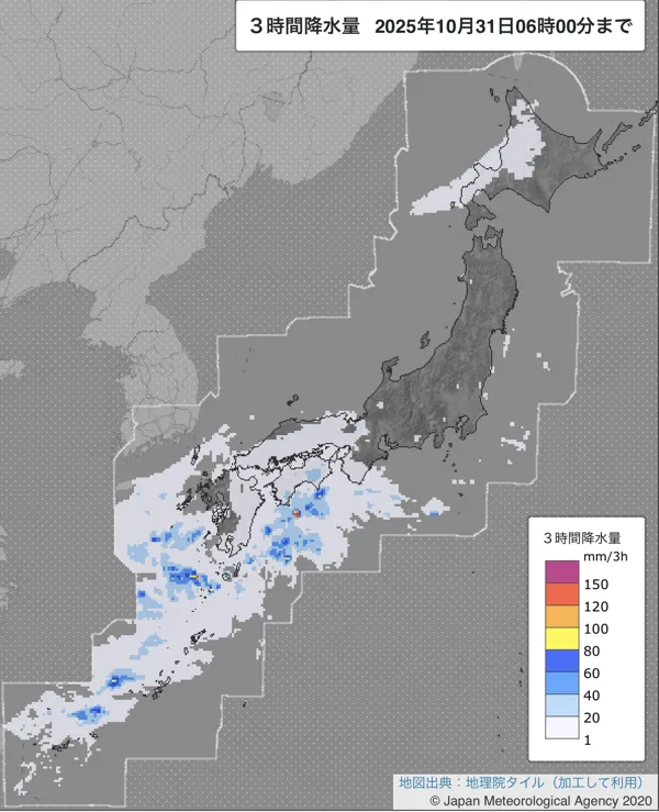 2025年10月31日3〜6時の日本周辺の3時間解析降水量