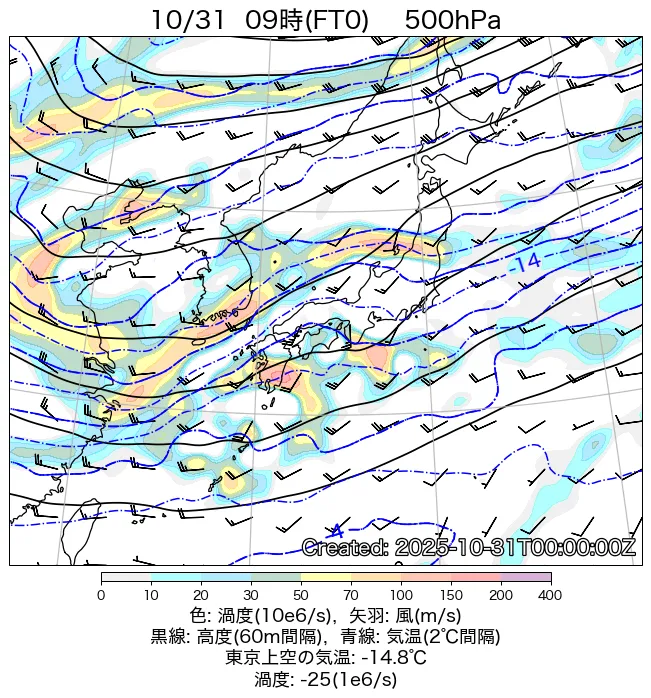 2025年10月31日の日本周辺の500hPa天気図（9時）