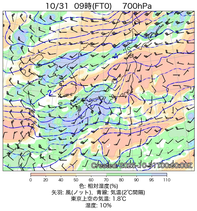 2025年10月31日の日本周辺の700hPa天気図（9時）