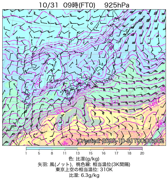 2025年10月31日の日本周辺の925hPa天気図（9時）