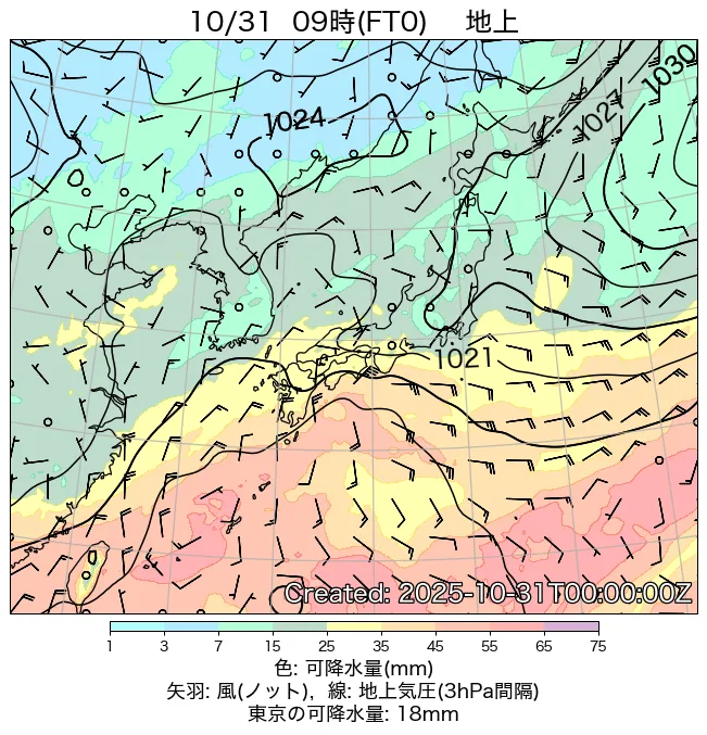 2025年10月31日の日本周辺の地上天気図（9時）