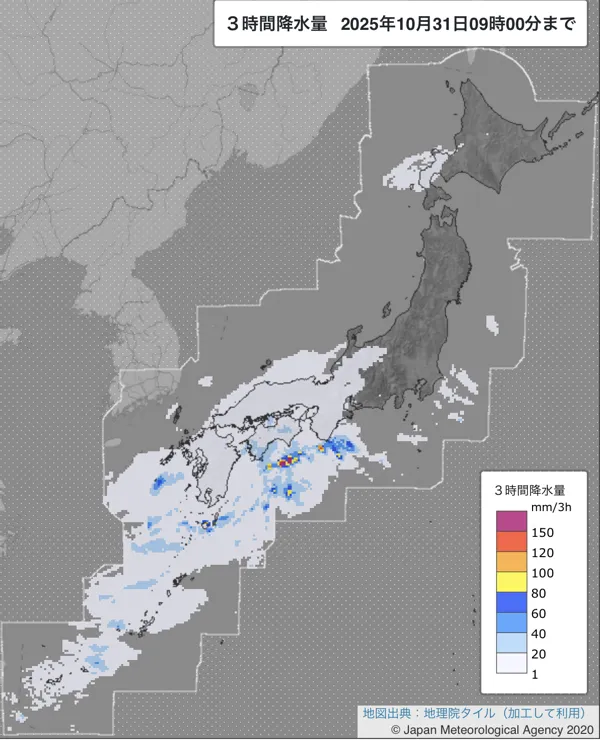 2025年10月31日6〜9時の日本周辺の3時間解析降水量