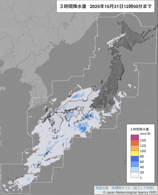 2025年10月31日9〜12時の日本周辺の3時間解析降水量