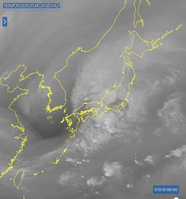 2025年10月31日15時の日本周辺の衛星水蒸気画像