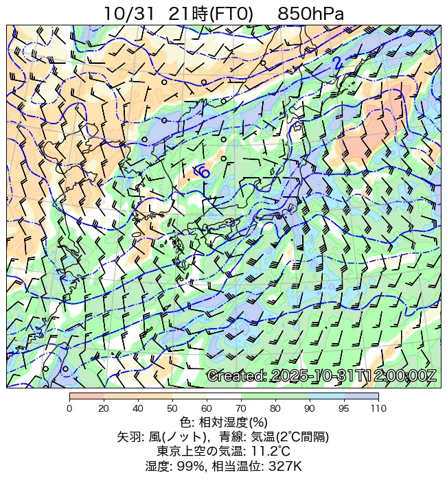2025年10月31日の日本周辺の850hPa天気図（21時）