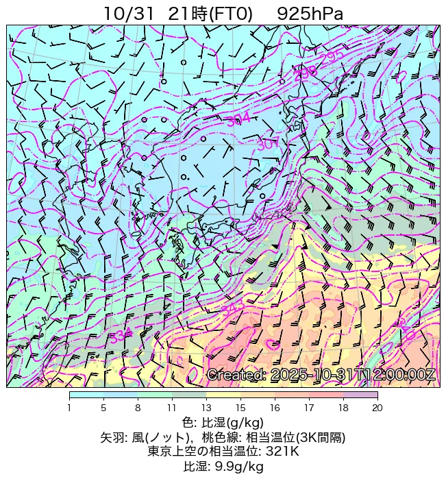 2025年10月31日の日本周辺の925hPa天気図（21時）
