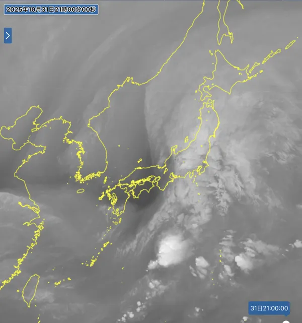 2025年10月31日21時の日本周辺の衛星水蒸気画像