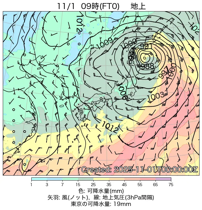 2025年11月1日の日本周辺の地上天気図（9時）