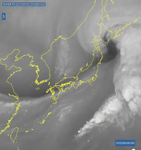 2025年11月1日の日本周辺の衛星水蒸気画像（9時）