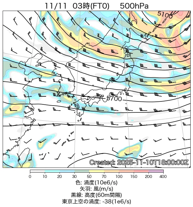 2025年11月11日の日本周辺の500hPa天気図（3時）