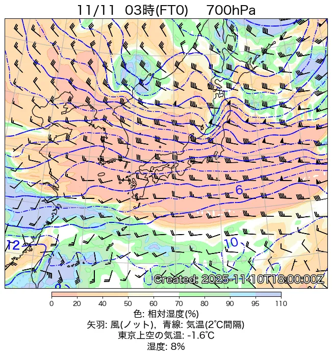 2025年11月11日の日本周辺の700hPa天気図（3時）