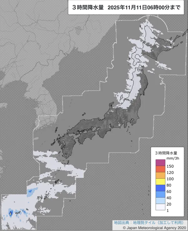 2025年11月11日3〜6時の日本周辺の3時間解析降水量
