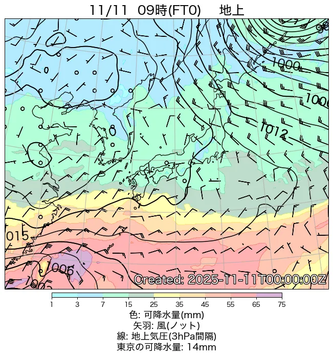 2025年11月11日の日本周辺の地上天気図（9時）