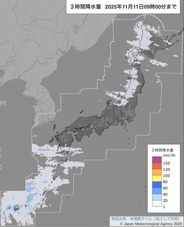 2025年11月11日6〜9時の日本周辺の3時間解析降水量