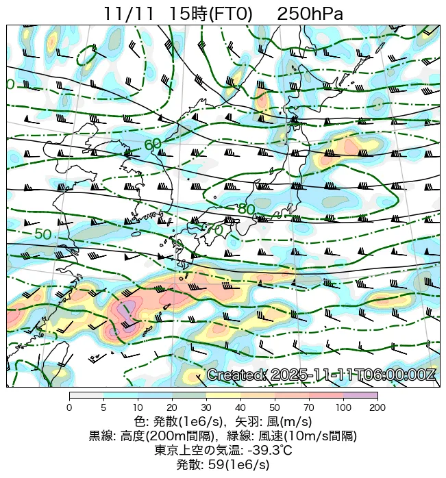 2025年11月11日の日本周辺の250hPa天気図（15時）