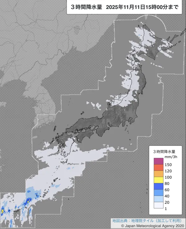 2025年11月11日12〜15時の日本周辺の3時間解析降水量