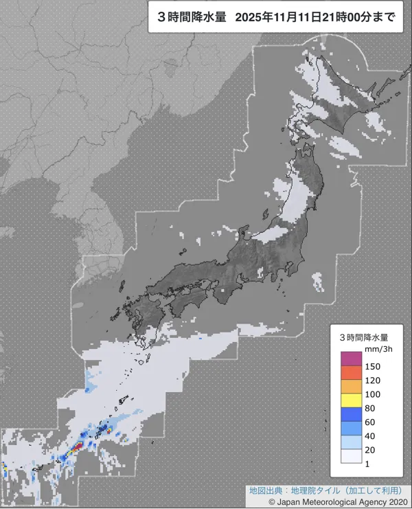 2025年11月11日18〜21時の日本周辺の3時間解析降水量