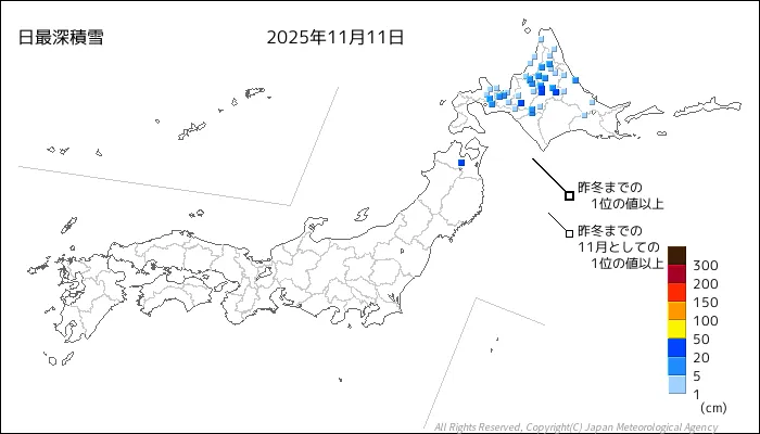 日本のアメダス最大積雪量の図