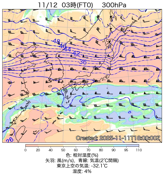 2025年11月12日の日本周辺の300hPa天気図（3時）