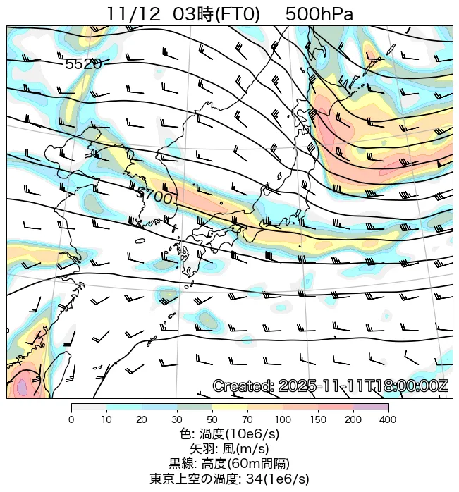 2025年11月12日の日本周辺の500hPa天気図（3時）