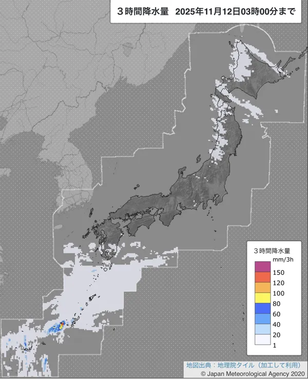 2025年11月12日0〜3時の日本周辺の3時間解析降水量