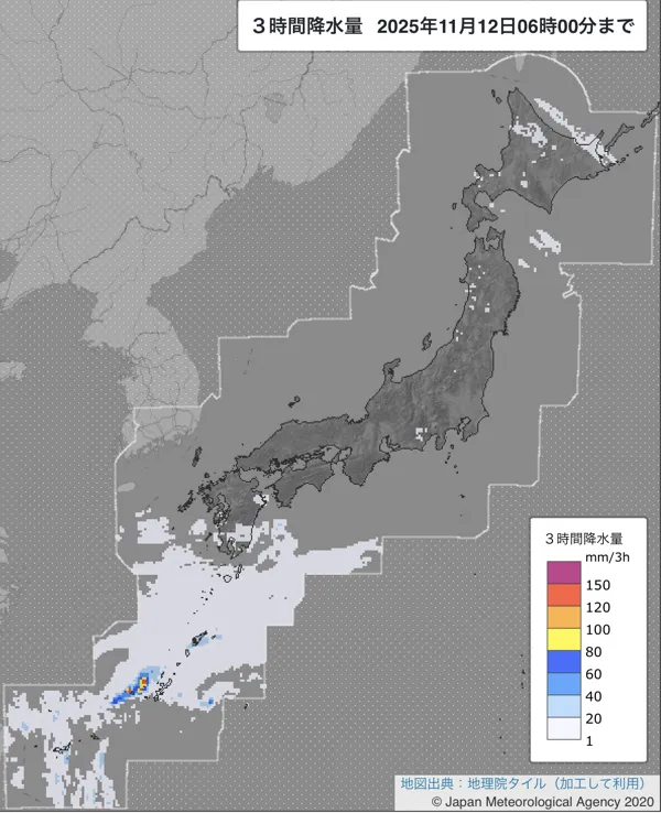 2025年11月12日3〜6時の日本周辺の3時間解析降水量