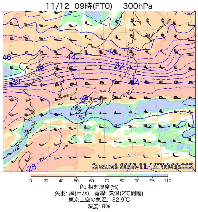 2025年11月12日の日本周辺の300hPa天気図（9時）