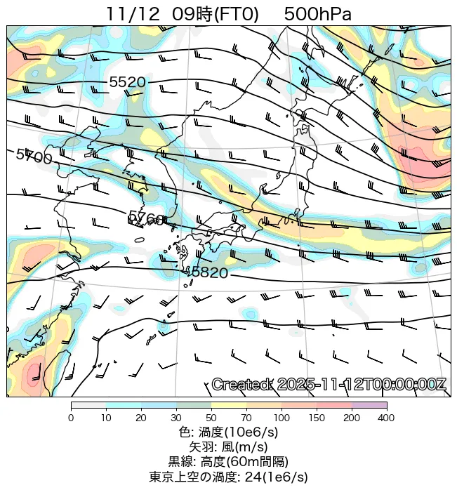 2025年11月12日の日本周辺の500hPa天気図（9時）