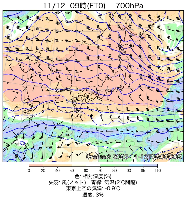 2025年11月12日の日本周辺の700hPa天気図（9時）