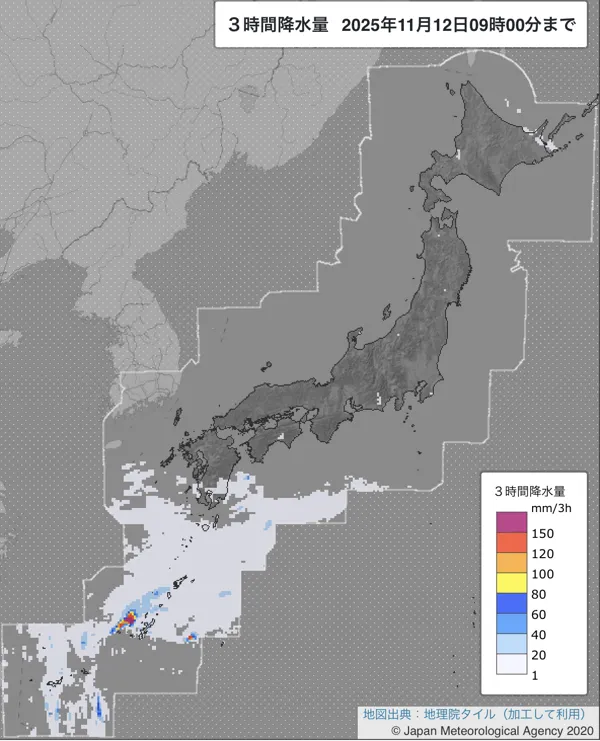 2025年11月12日6〜9時の日本周辺の3時間解析降水量