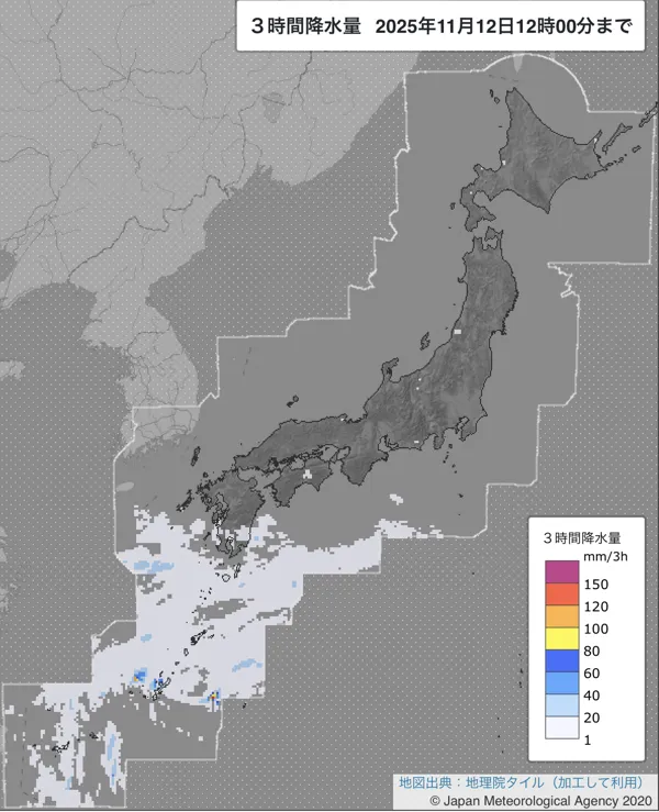 2025年11月12日9〜12時の日本周辺の3時間解析降水量