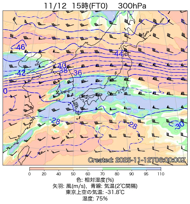 2025年11月12日の日本周辺の300hPa天気図（15時）