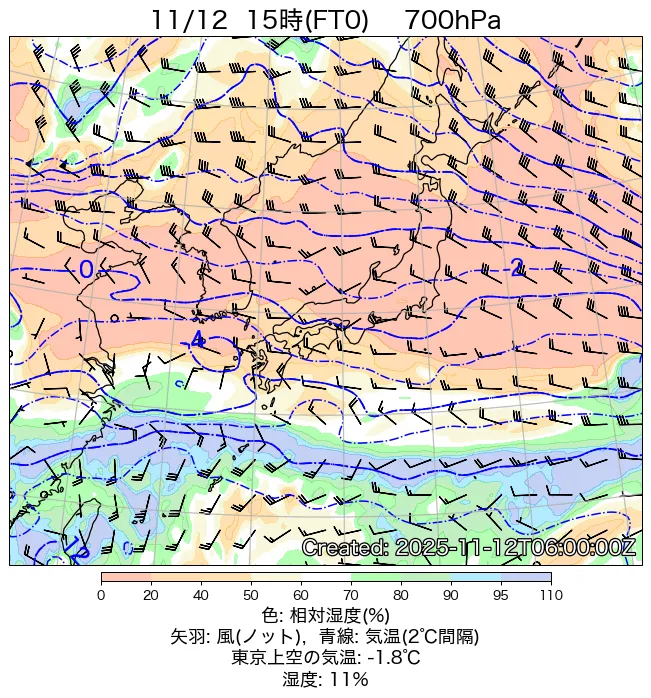 2025年11月12日の日本周辺の700hPa天気図（15時）